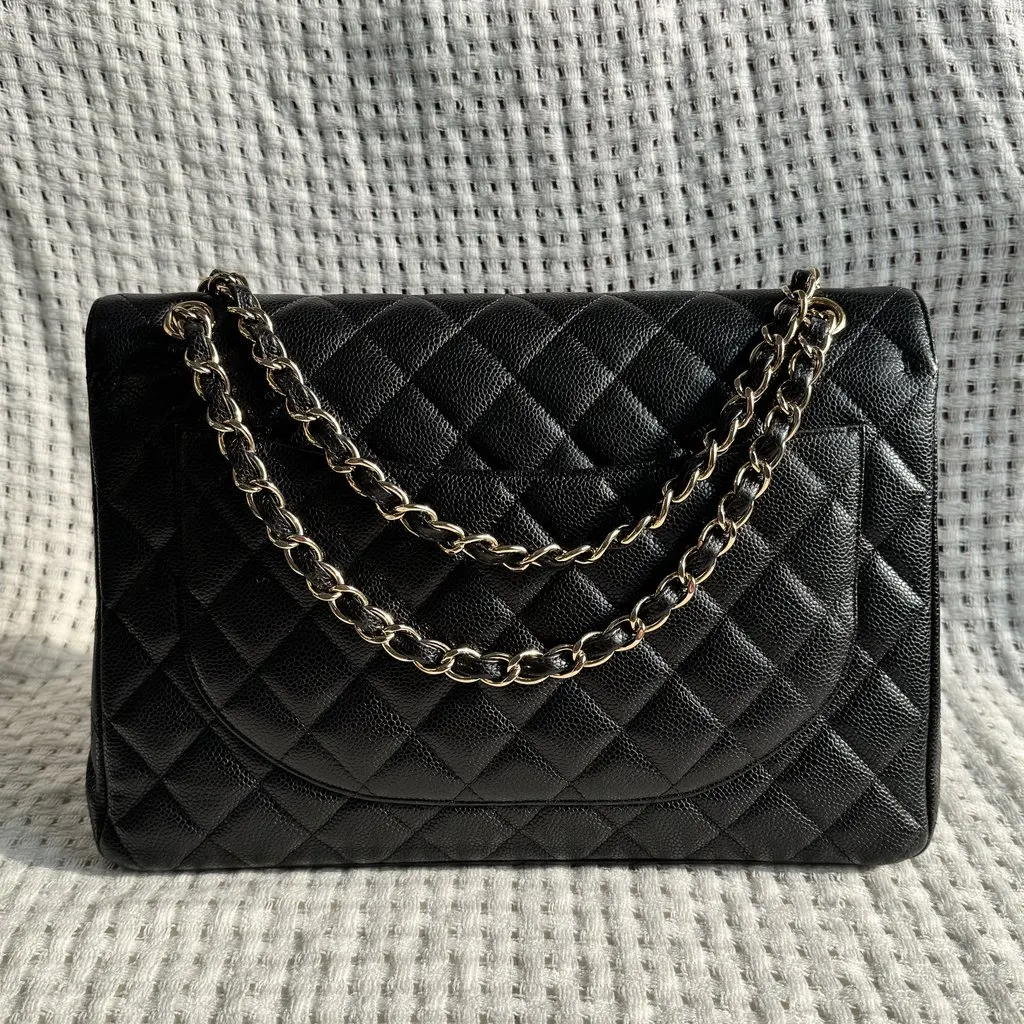 Chanel Classic Double Flap Maxi Black Quilted Caviar Leather Bag Black Leather Very good - Back View