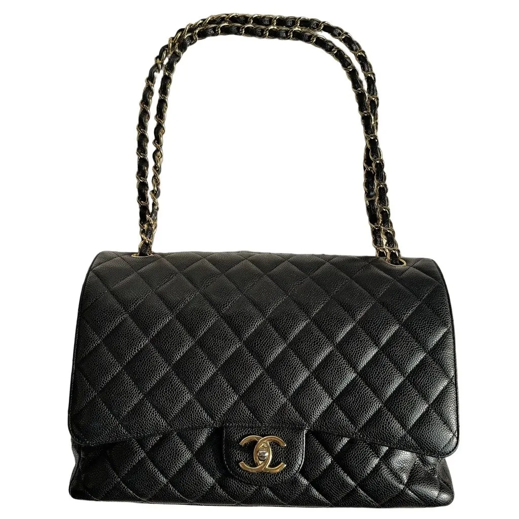Chanel Classic Double Flap Maxi Black Quilted Caviar Leather Bag Black Leather Very good - Front View