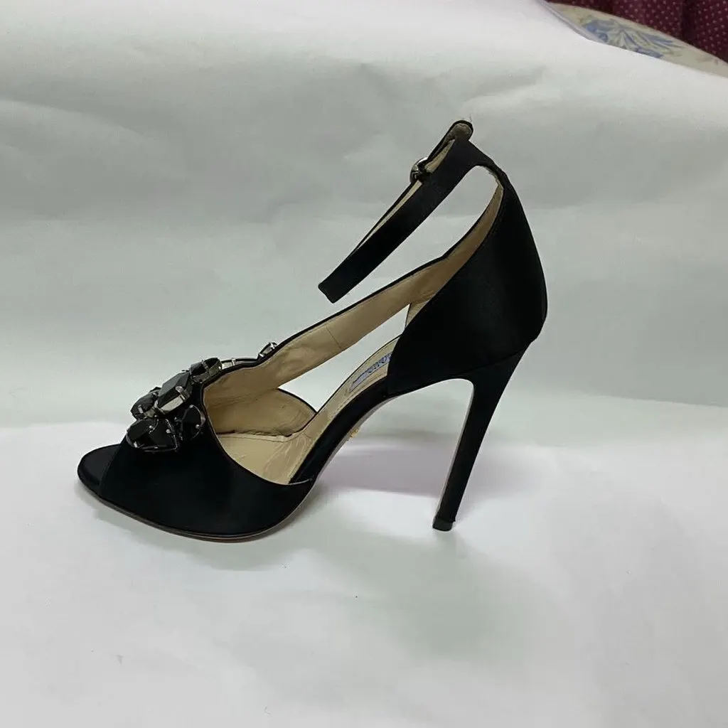 Prada Special Edition Crystal Embellished Satin Peep-Toe Pumps size 38 Black Very good - Back View