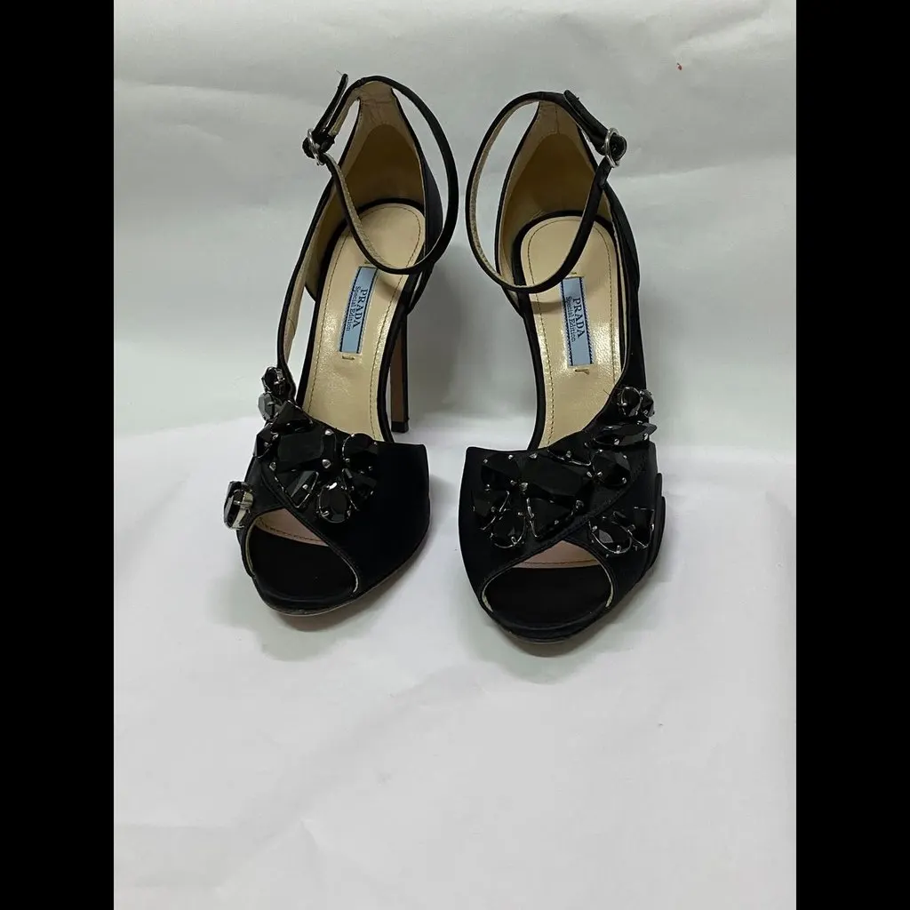 Prada Special Edition Crystal Embellished Satin Peep-Toe Pumps size 38 Black Very good - Inside View