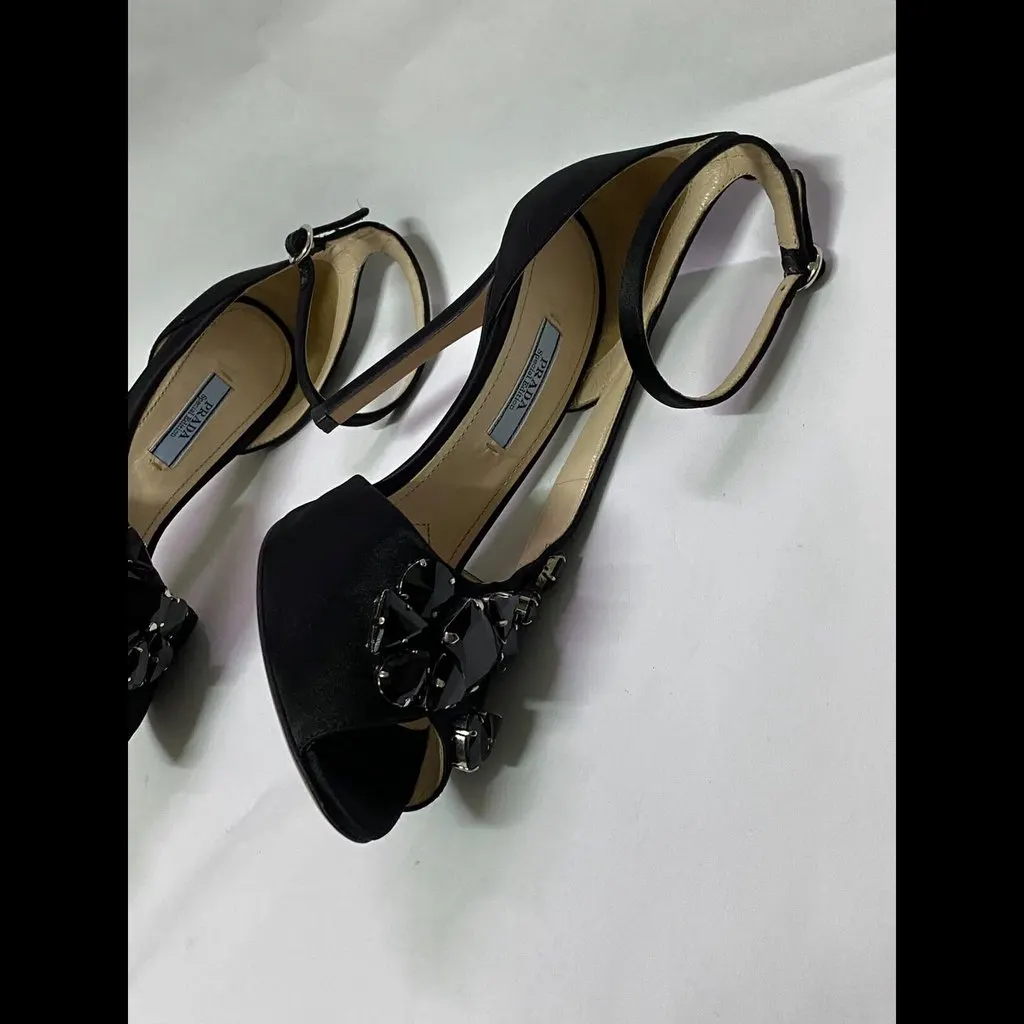 Prada Special Edition Crystal Embellished Satin Peep-Toe Pumps size 38 Black Very good - Model View