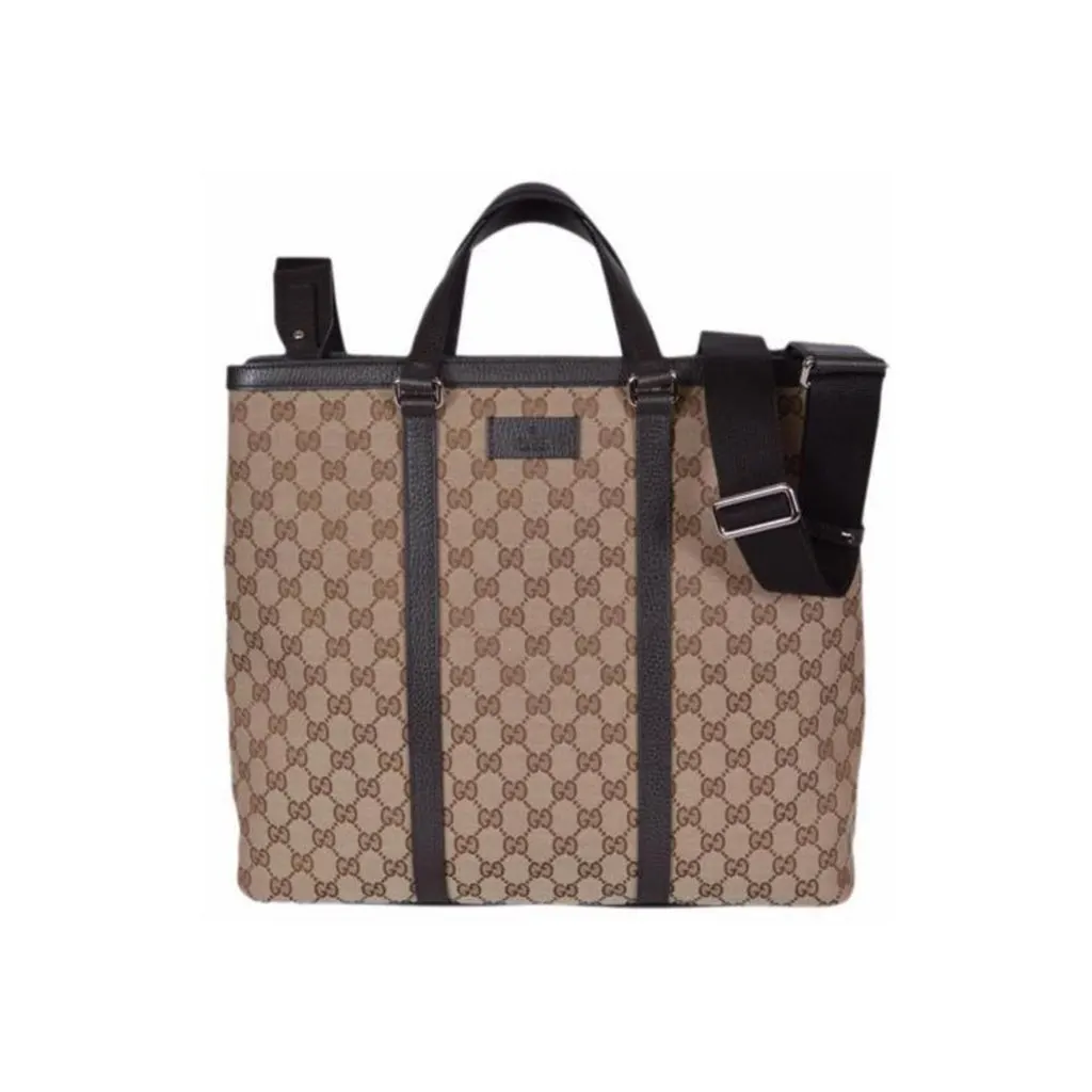 Gucci Original GG Canvas Shopping Tote Bag Beige Brown Leather Trim Crossbody Brown Leather Never worn - Front View