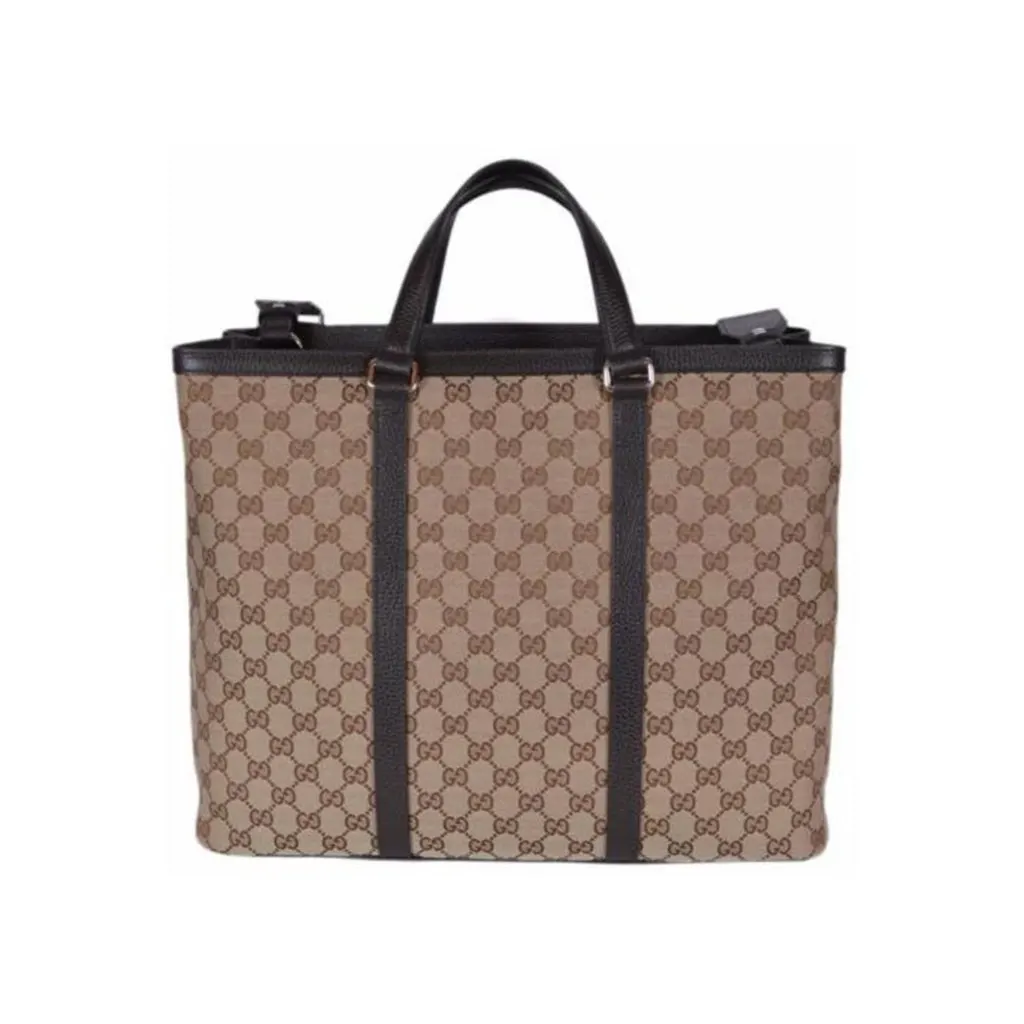 Gucci Original GG Canvas Shopping Tote Bag Beige Brown Leather Trim Crossbody Brown Leather Never worn - Back View