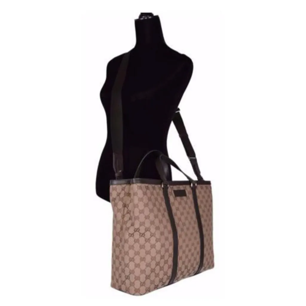 Gucci Original GG Canvas Shopping Tote Bag Beige Brown Leather Trim Crossbody Brown Leather Never worn - Inside View