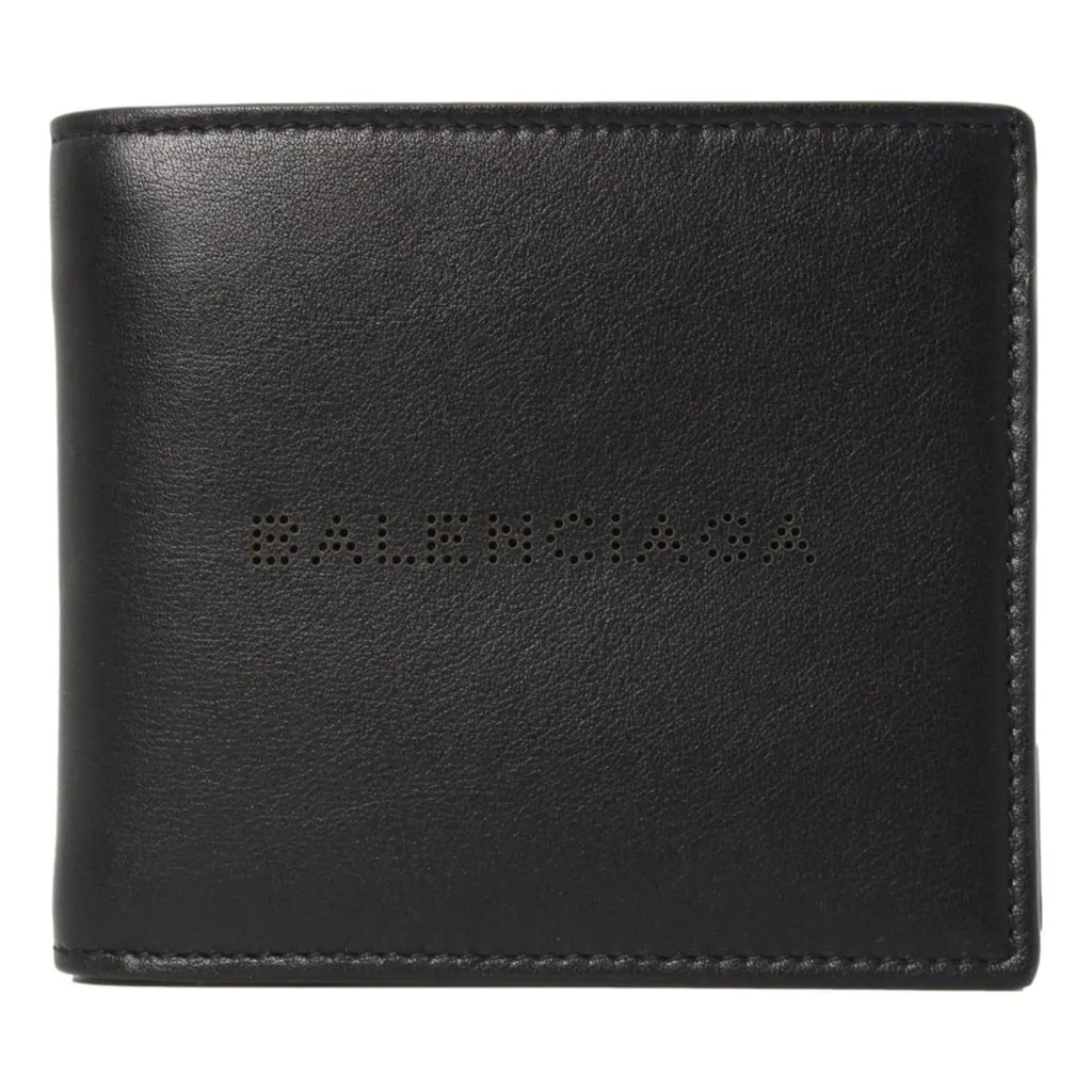 Balenciaga Cash Black Calfskin Leather Perforated Bifold Wallet Black Leather Never worn - Front View