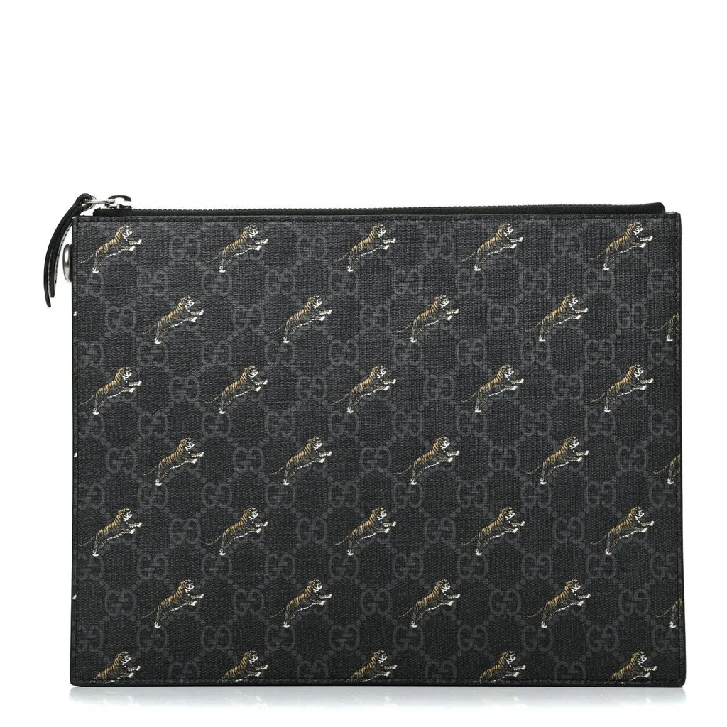 Gucci Black GG Supreme Monogram Tiger Print Clutch Bag Black Leather Never worn - Front View