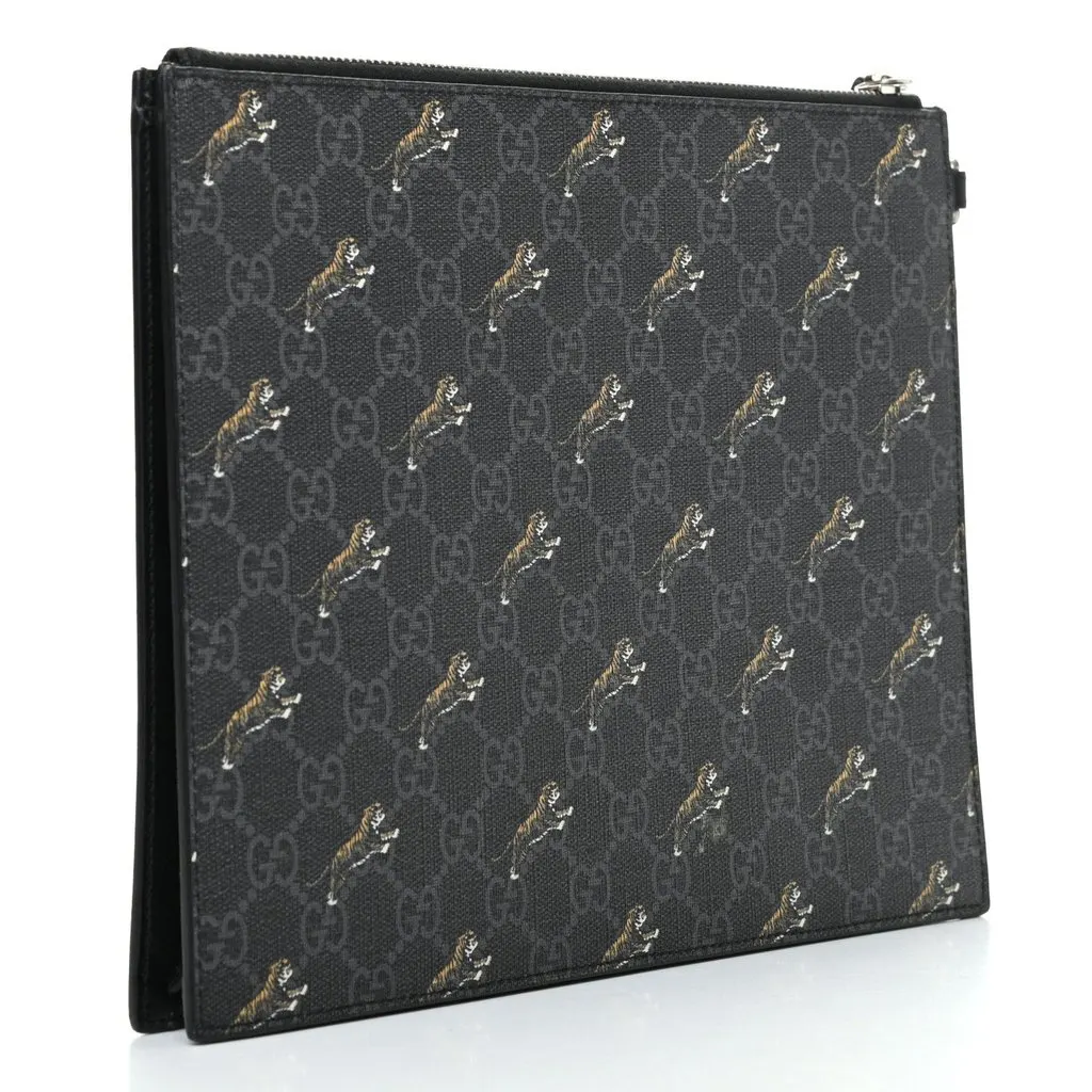 Gucci Black GG Supreme Monogram Tiger Print Clutch Bag Black Leather Never worn - Inside View