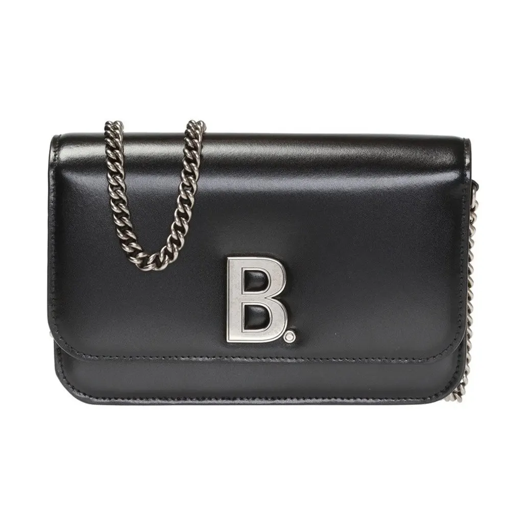 Balenciaga Black Calfskin Leather Silver Logo Chain Wallet Bag Black Leather Never worn - Front View