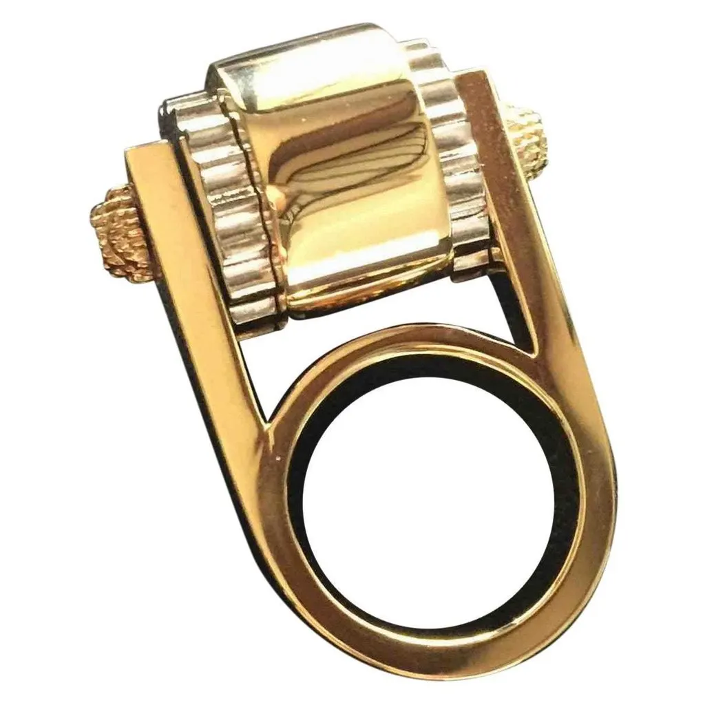 Balenciaga Ring Gold Tone Metal Hardware Gear Cylinder Large Size 6 Gold Never worn - Back View