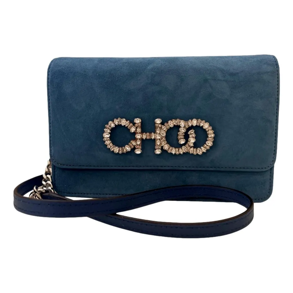 Jimmy Choo Kalina Parrot Blue Suede Crystal CHOO Chain Wallet Blue Suede Never worn - Front View