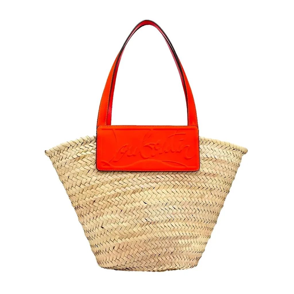 Christian Louboutin Loubishore Orange Woven Raffia Large Tote Bag Beige Canvas Never worn - Front View