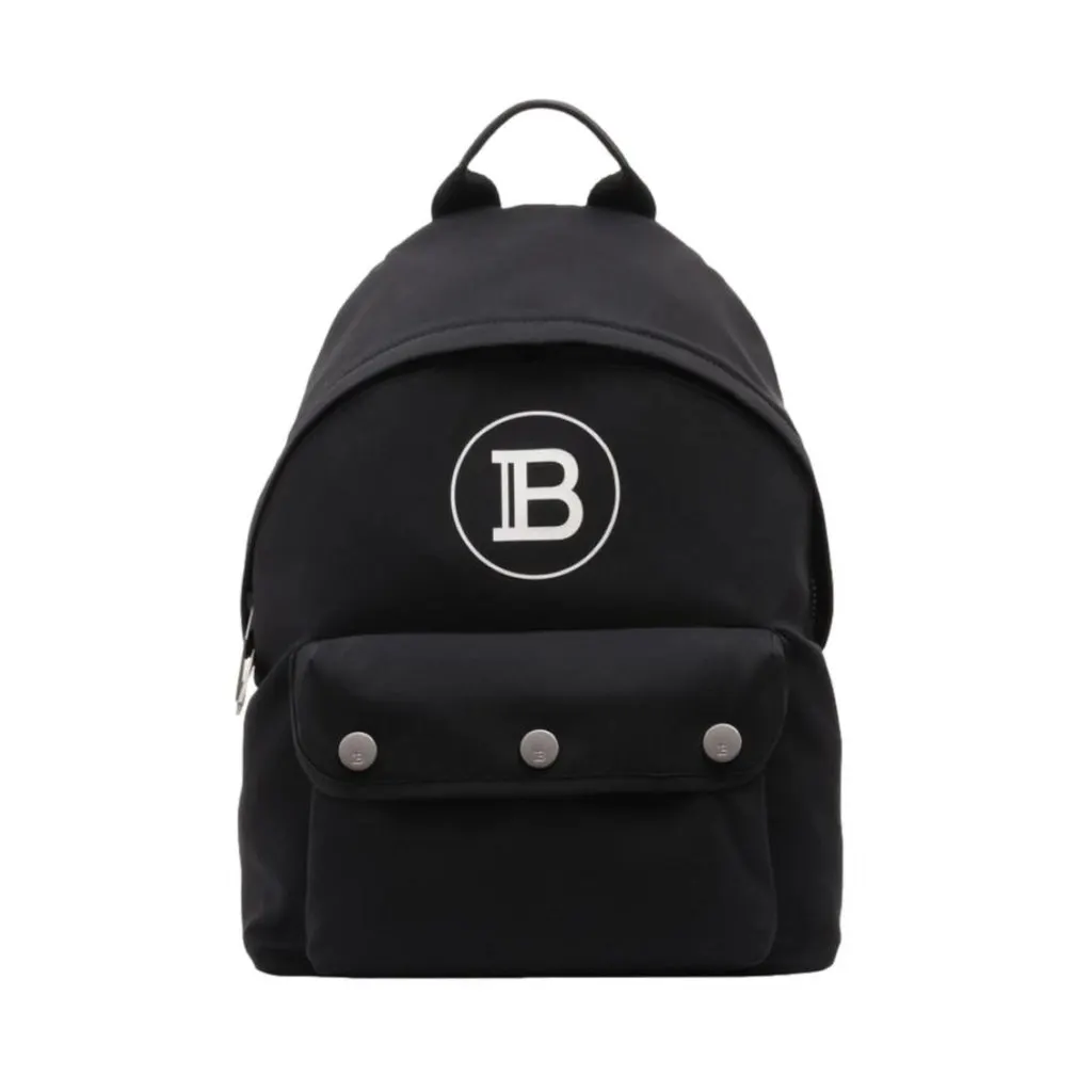 Balmain B-Back Black Nylon White Logo Backpack Black Leather Never worn - Front View