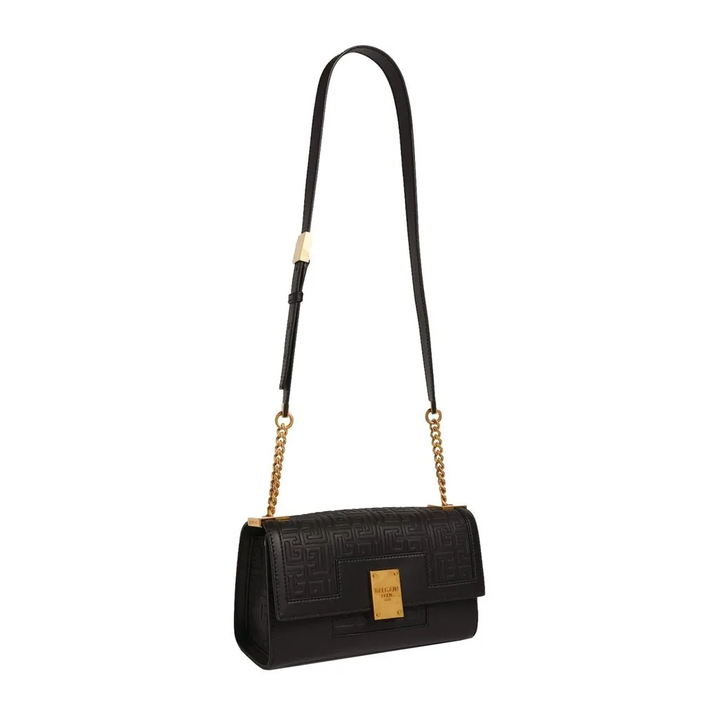 Balmain 1945 Black Leather Embossed Flap Medium Shoulder Bag Black Leather Never worn - Inside View