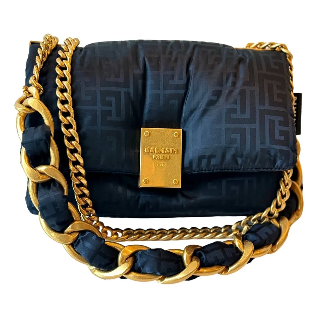 Balmain 1945 Nylon Monogram Flap Crossbody Shoulder Bag Black Small Black Leather Never worn - Front View