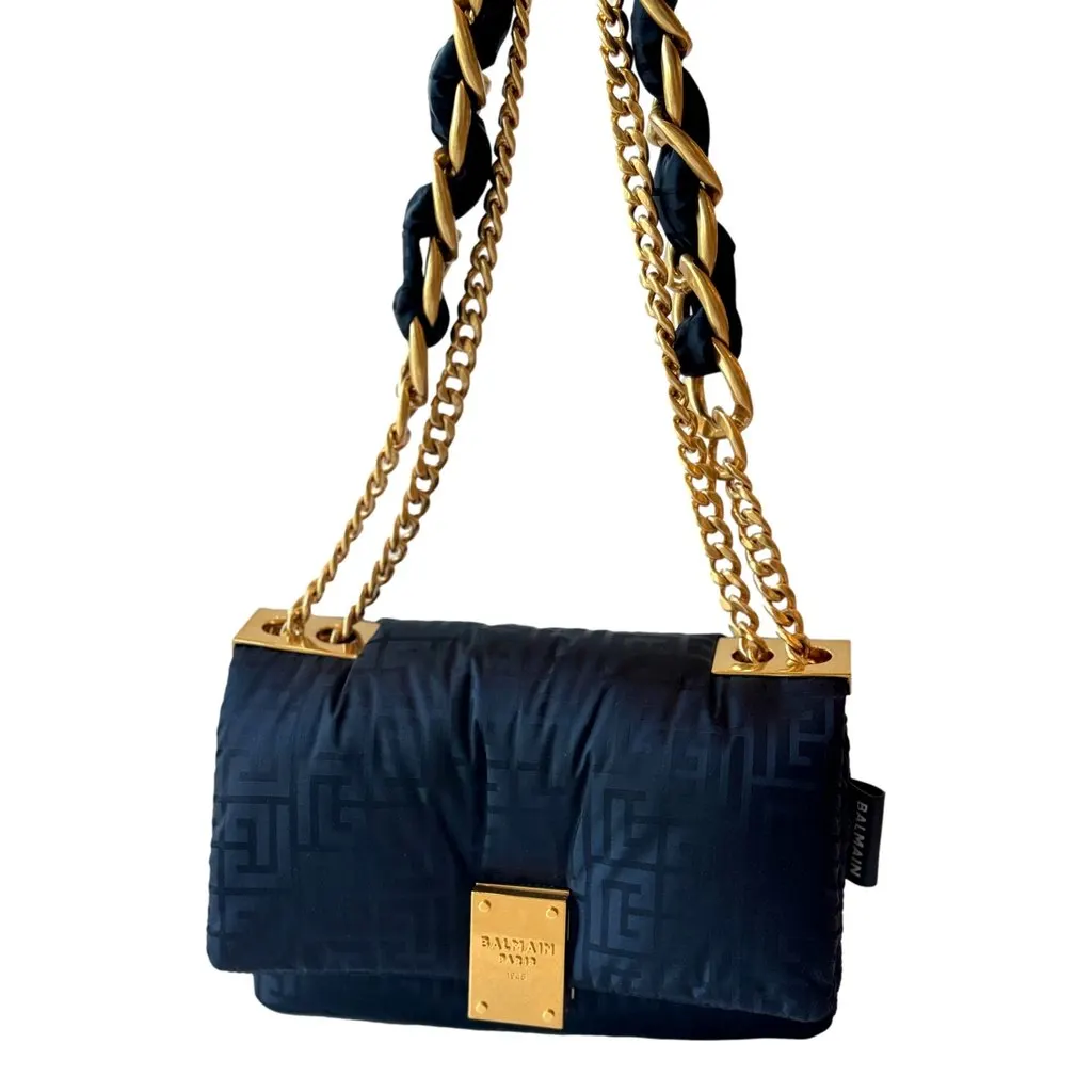 Balmain 1945 Nylon Monogram Flap Crossbody Shoulder Bag Black Small Black Leather Never worn - Inside View