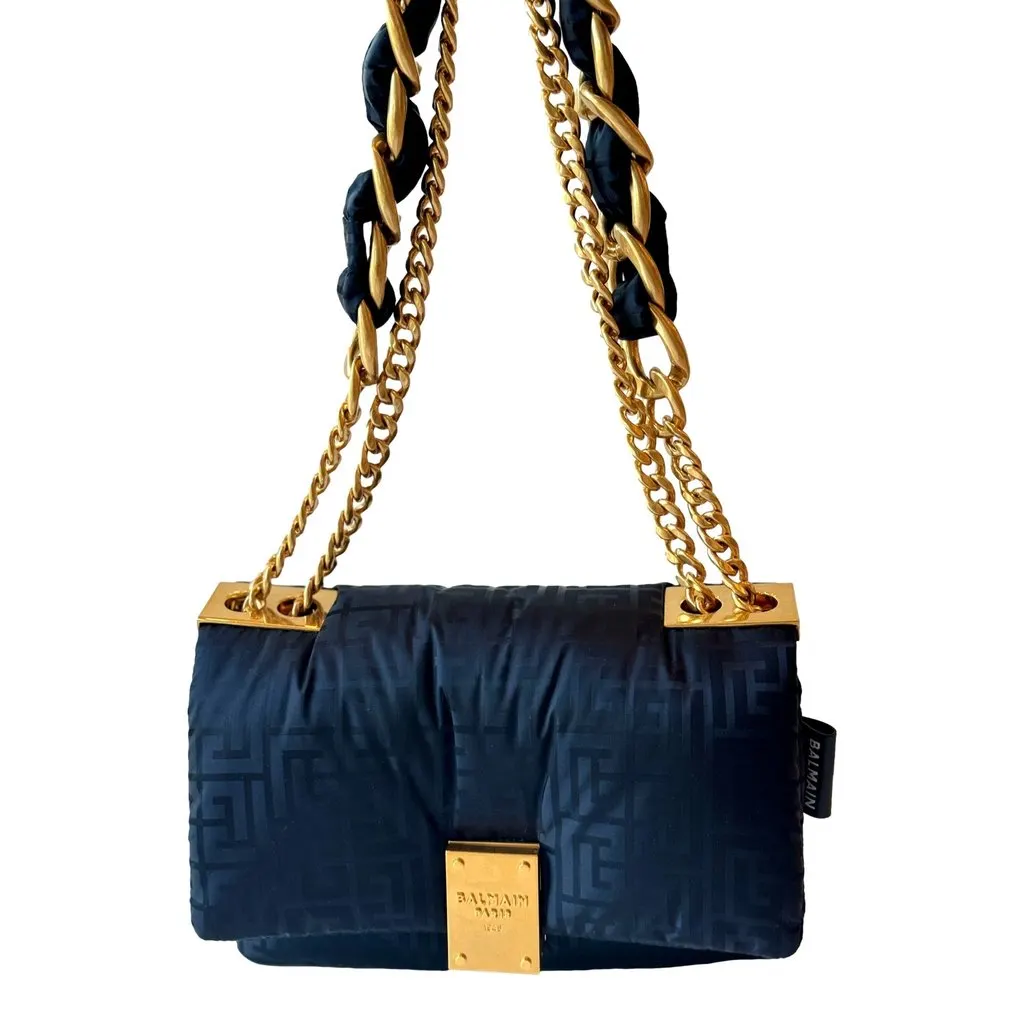 Balmain 1945 Nylon Monogram Flap Crossbody Shoulder Bag Black Small Black Leather Never worn - Model View