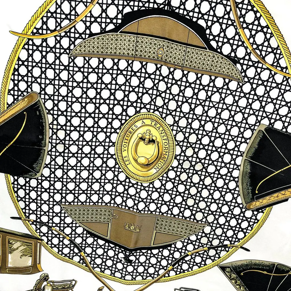 Hermès Les Voitures A Transformation Black and Gold Carriages Silk Scarf Black Silk Good - Inside View