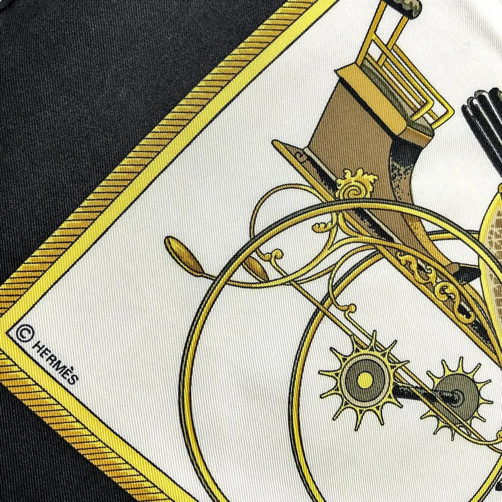 Hermès Les Voitures A Transformation Black and Gold Carriages Silk Scarf Black Silk Good - Model View