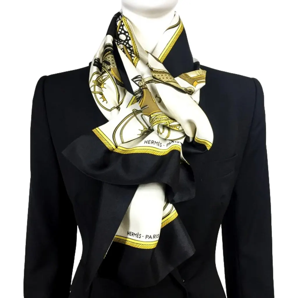 Hermès Les Voitures A Transformation Black and Gold Carriages Silk Scarf Black Silk Good - Box View
