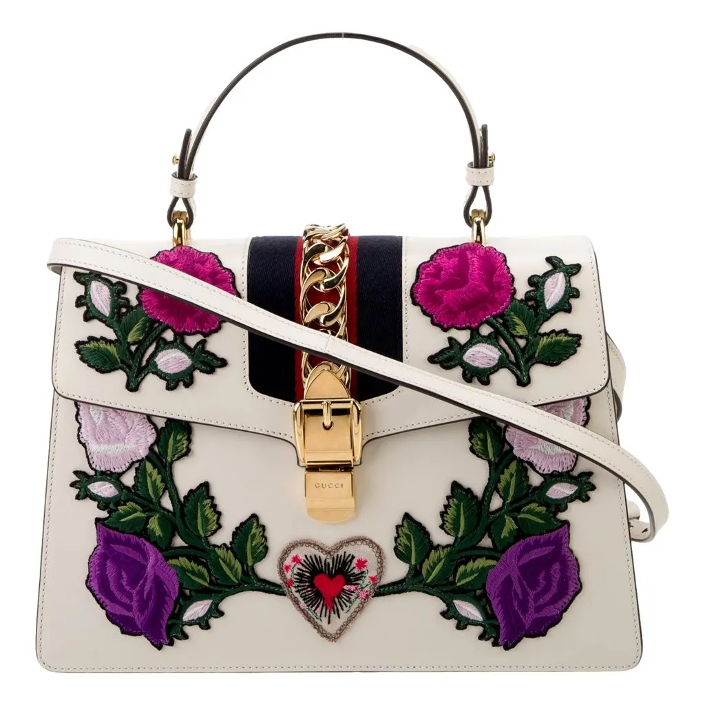 Gucci Sylvie Embroidered Off White Medium Top Handle Bag White Leather Good - Front View