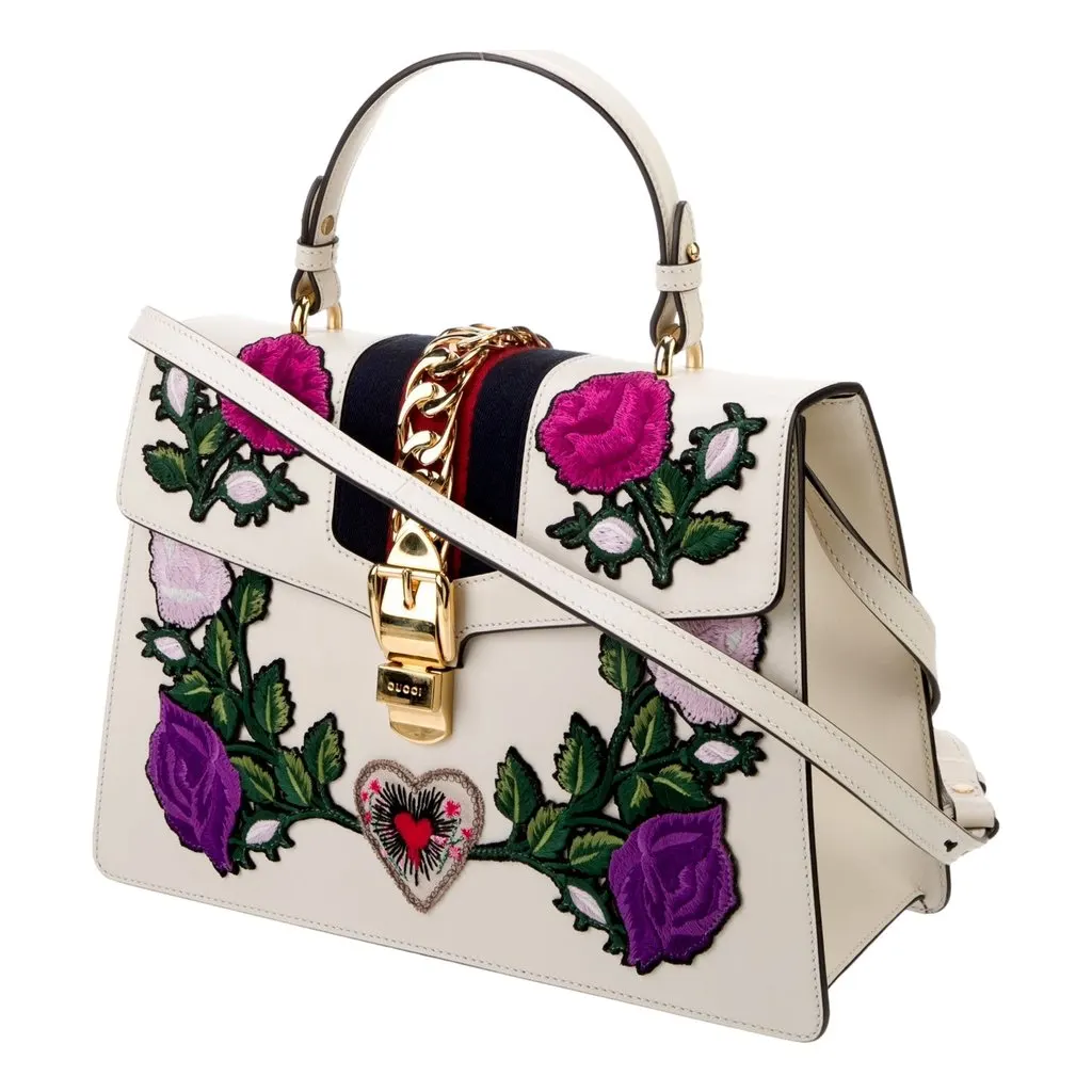 Gucci Sylvie Embroidered Off White Medium Top Handle Bag White Leather Good - Back View
