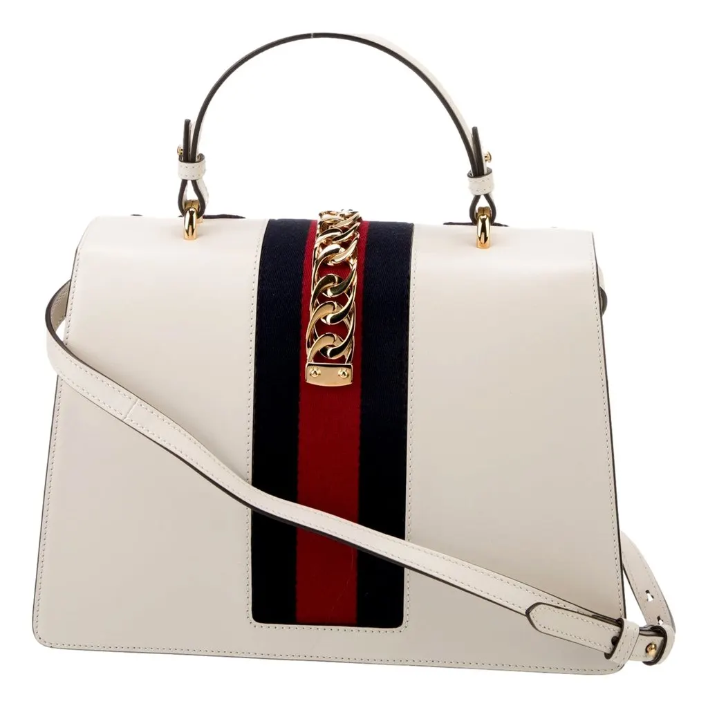 Gucci Sylvie Embroidered Off White Medium Top Handle Bag White Leather Good - Box View