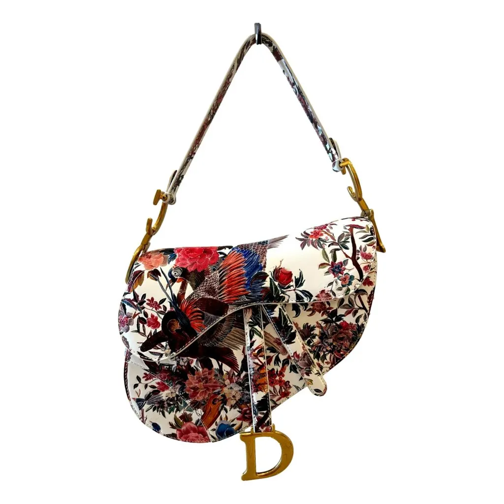 Dior Saddle Floral Bird Print Leather Crossbody Bag with Gold Charm Beige Leather Good - Front View