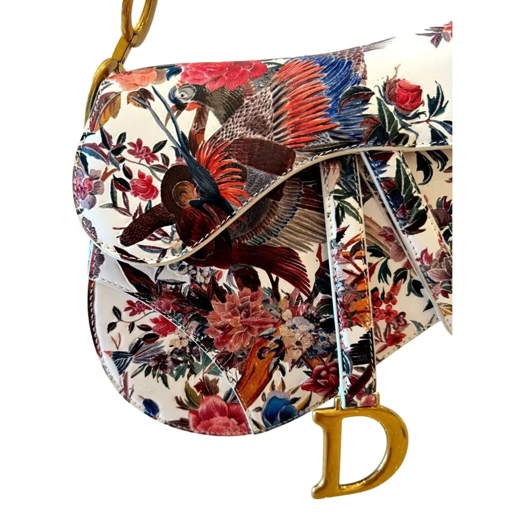 Dior Saddle Floral Bird Print Leather Crossbody Bag with Gold Charm Beige Leather Good - Back View