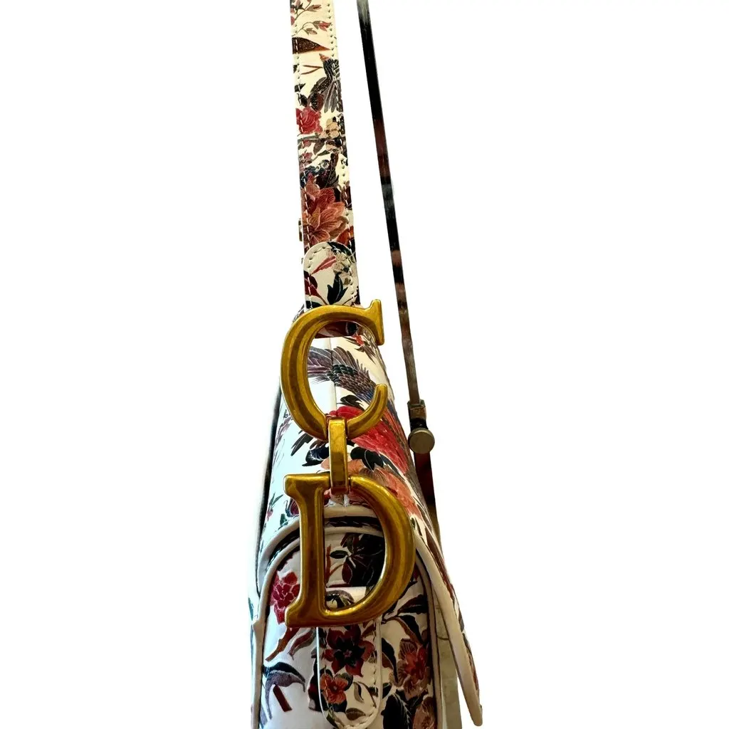 Dior Saddle Floral Bird Print Leather Crossbody Bag with Gold Charm Beige Leather Good - Inside View