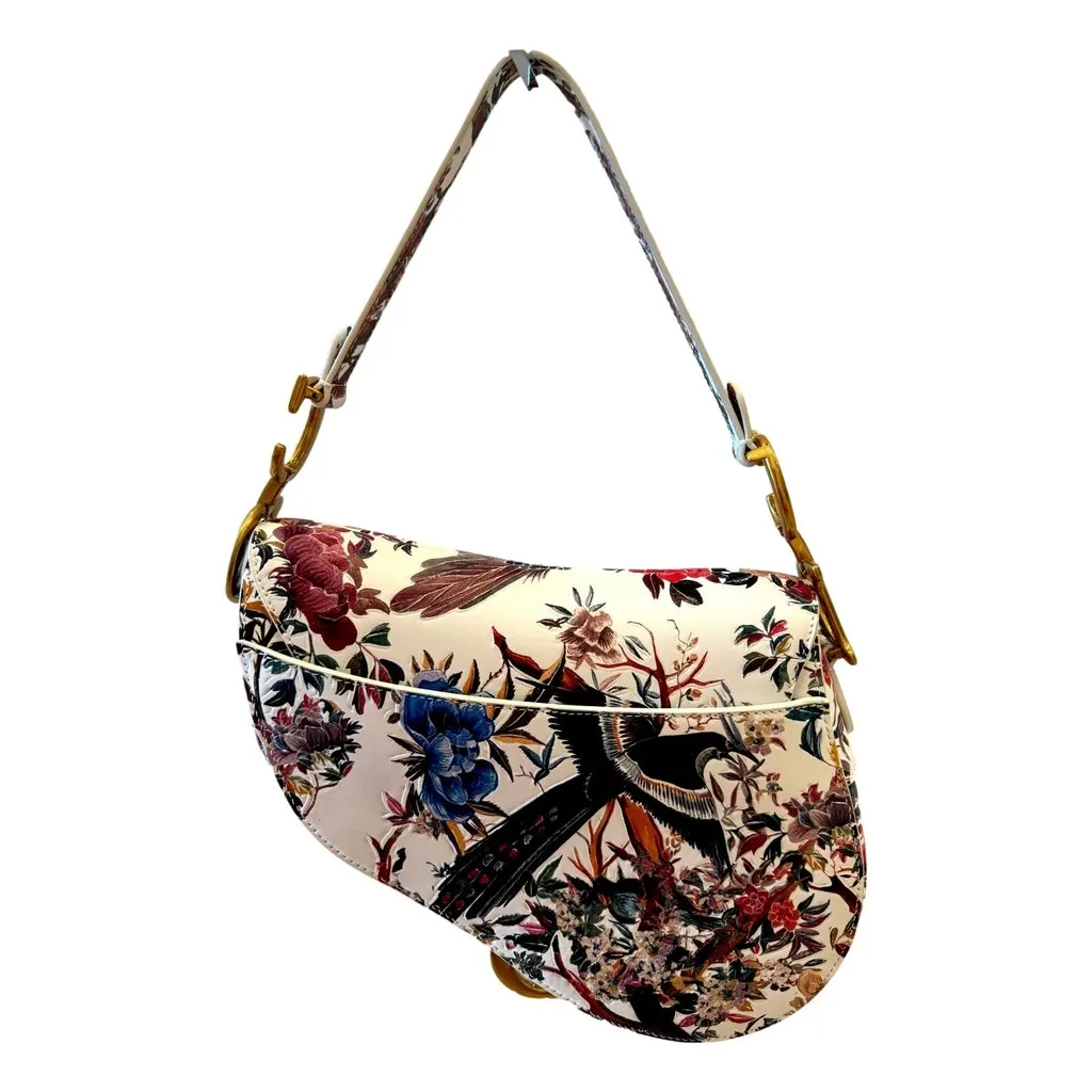Dior Saddle Floral Bird Print Leather Crossbody Bag with Gold Charm Beige Leather Good - Model View
