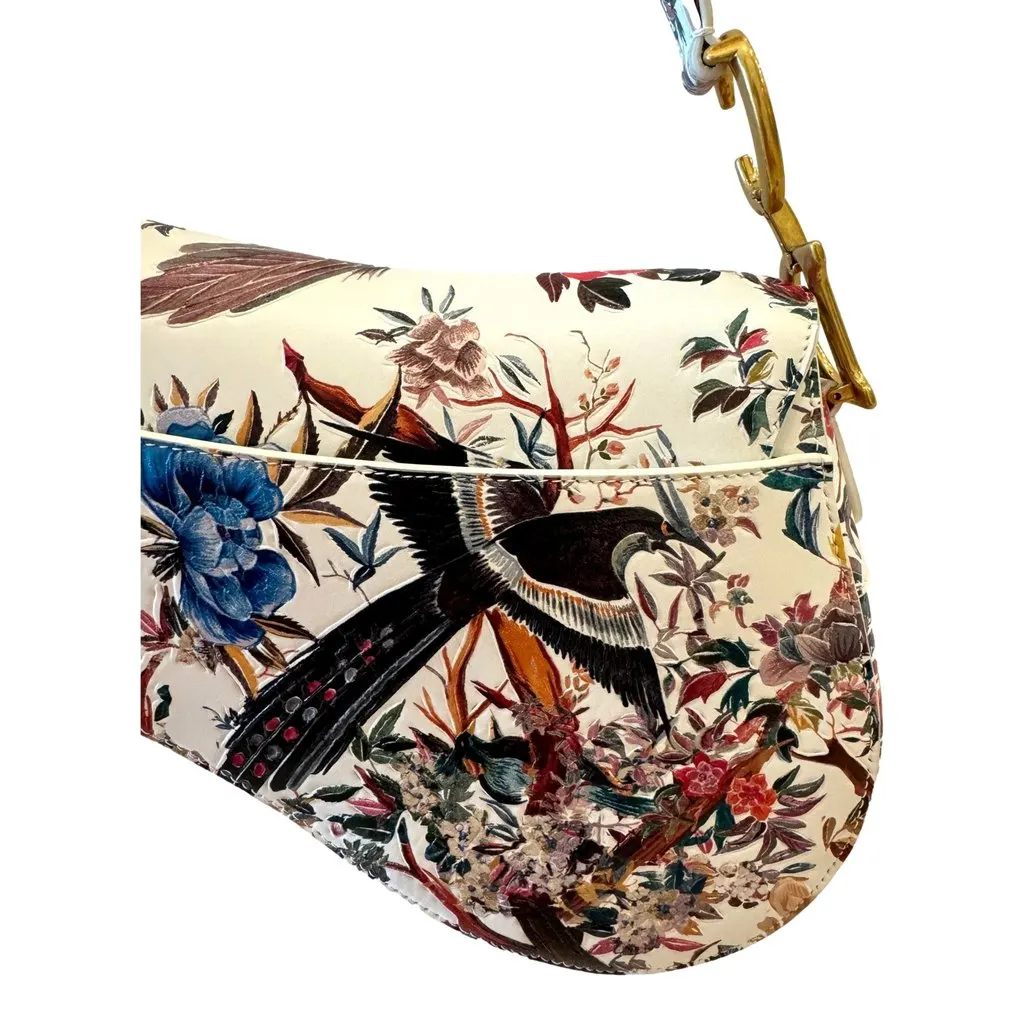 Dior Saddle Floral Bird Print Leather Crossbody Bag with Gold Charm Beige Leather Good - Box View