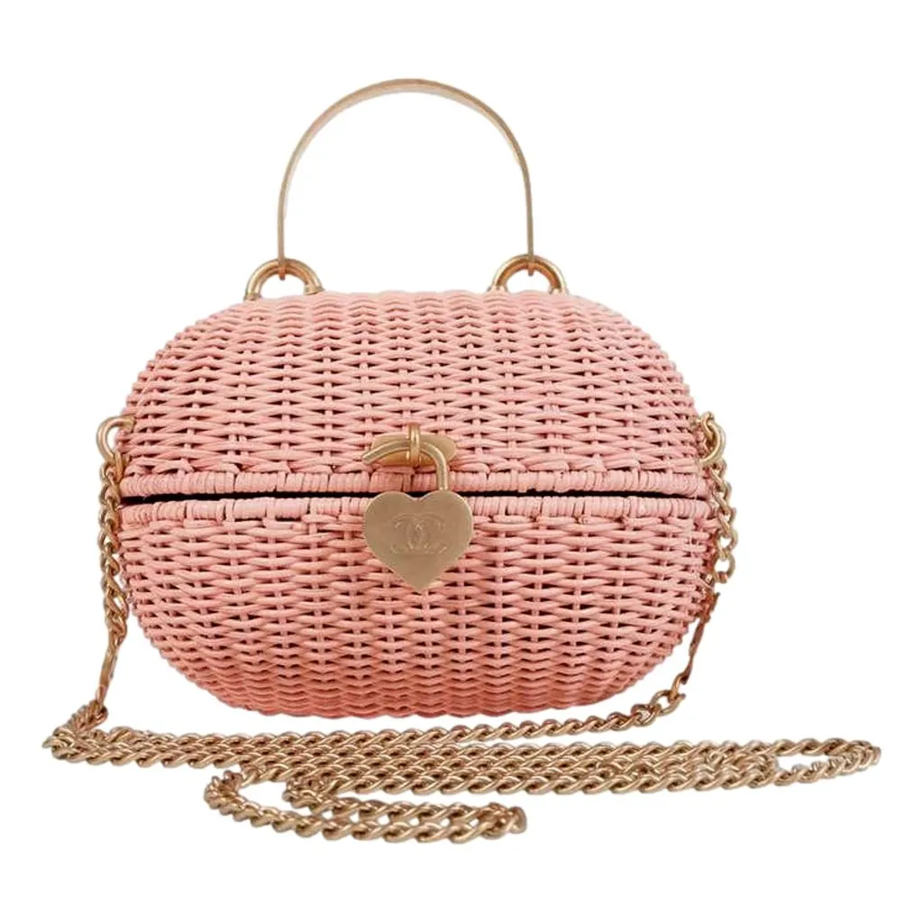 Chanel Vintage 2004 Pink Rattan Heart Lock Basket Bag Pink Rattan Good - Front View