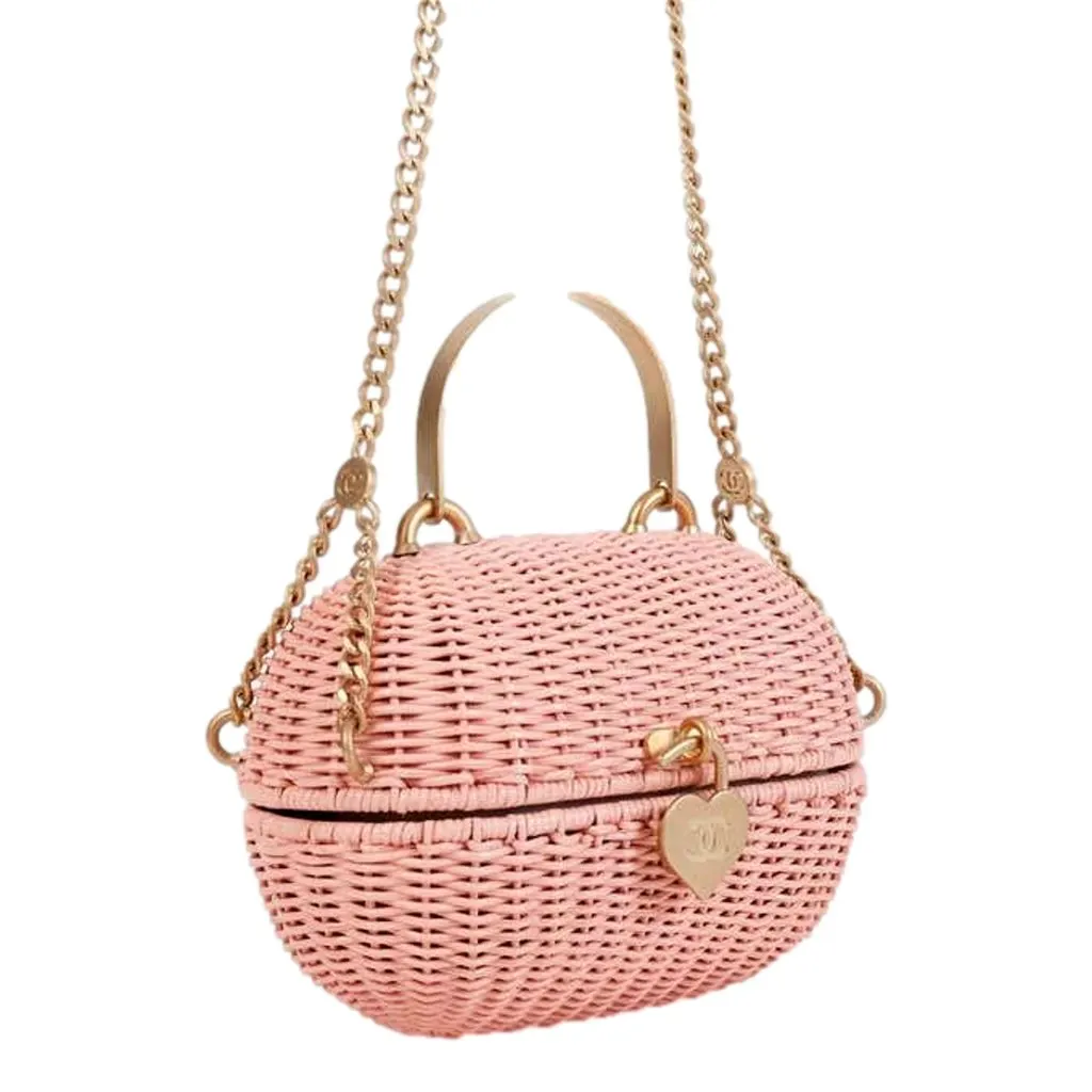 Chanel Vintage 2004 Pink Rattan Heart Lock Basket Bag Pink Rattan Good - Back View