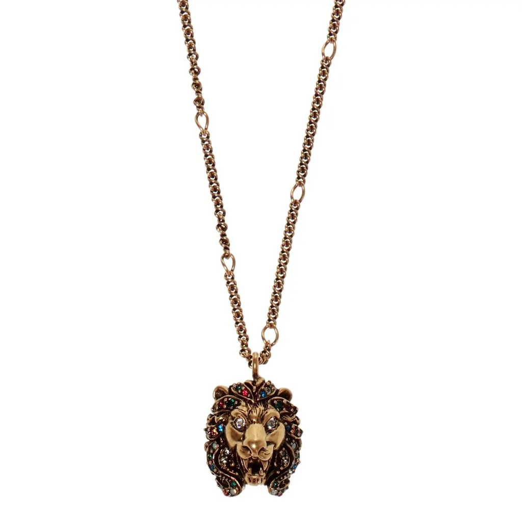 Gucci Distressed ذهبي مالتي Color كريستال Lion Head تعليقة قلادة