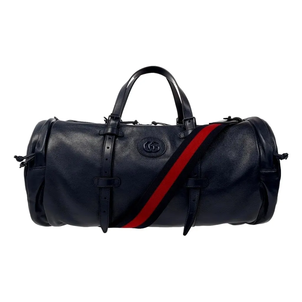 Gucci GG Logo Deep Blue Buffalo Leather Duffle Tote with Strap Blue Leather Never worn - Front View