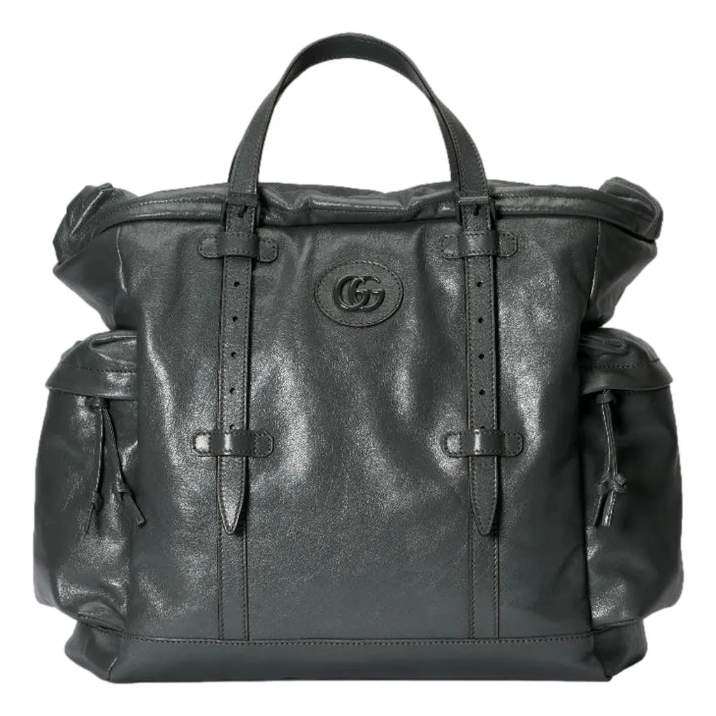 Gucci Drawstring Tote Bag Grey Leather Tonal Double G Logo Grey Leather Never worn - Front View