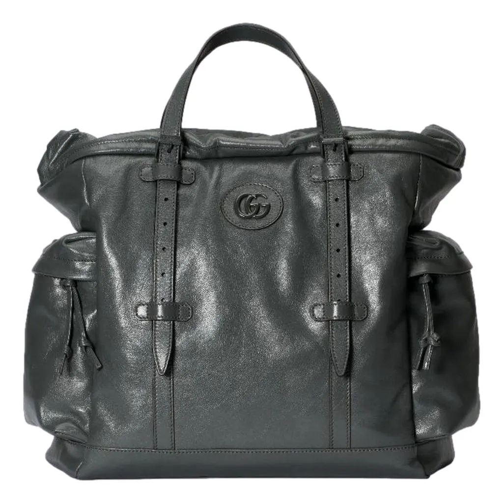 Gucci Drawstring Tote Bag Grey Leather Tonal Double G Logo Grey Leather Never worn - Back View