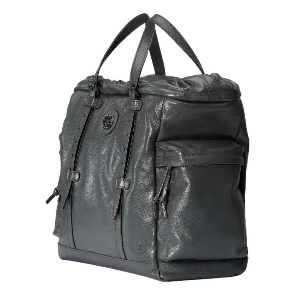 Gucci Drawstring Tote Bag Grey Leather Tonal Double G Logo Grey Leather Never worn - Inside View