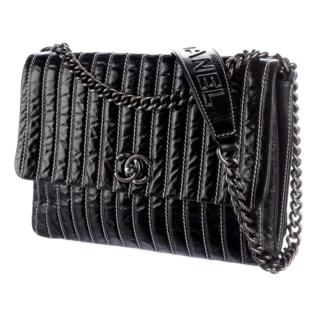 Chanel Black Vertical Stitch Flap Bag CC Logo Silver Chain Shoulder Bag Black Leather Good - Back View