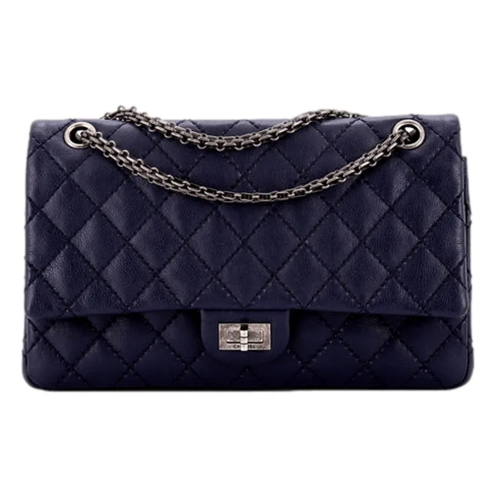 Chanel Reissue 2.55 226 Navy Caviar Leather Quilted Flap Bag Silver Chain Navy Leather Good - Front View