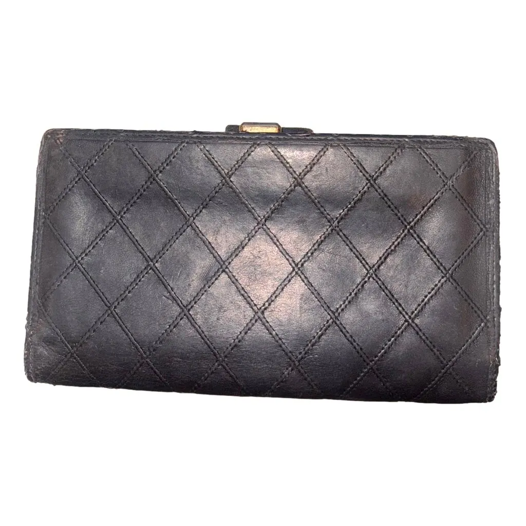 Chanel Vintage Interlocking CC Black Quilted Lambskin Wallet Black Leather Good - Back View
