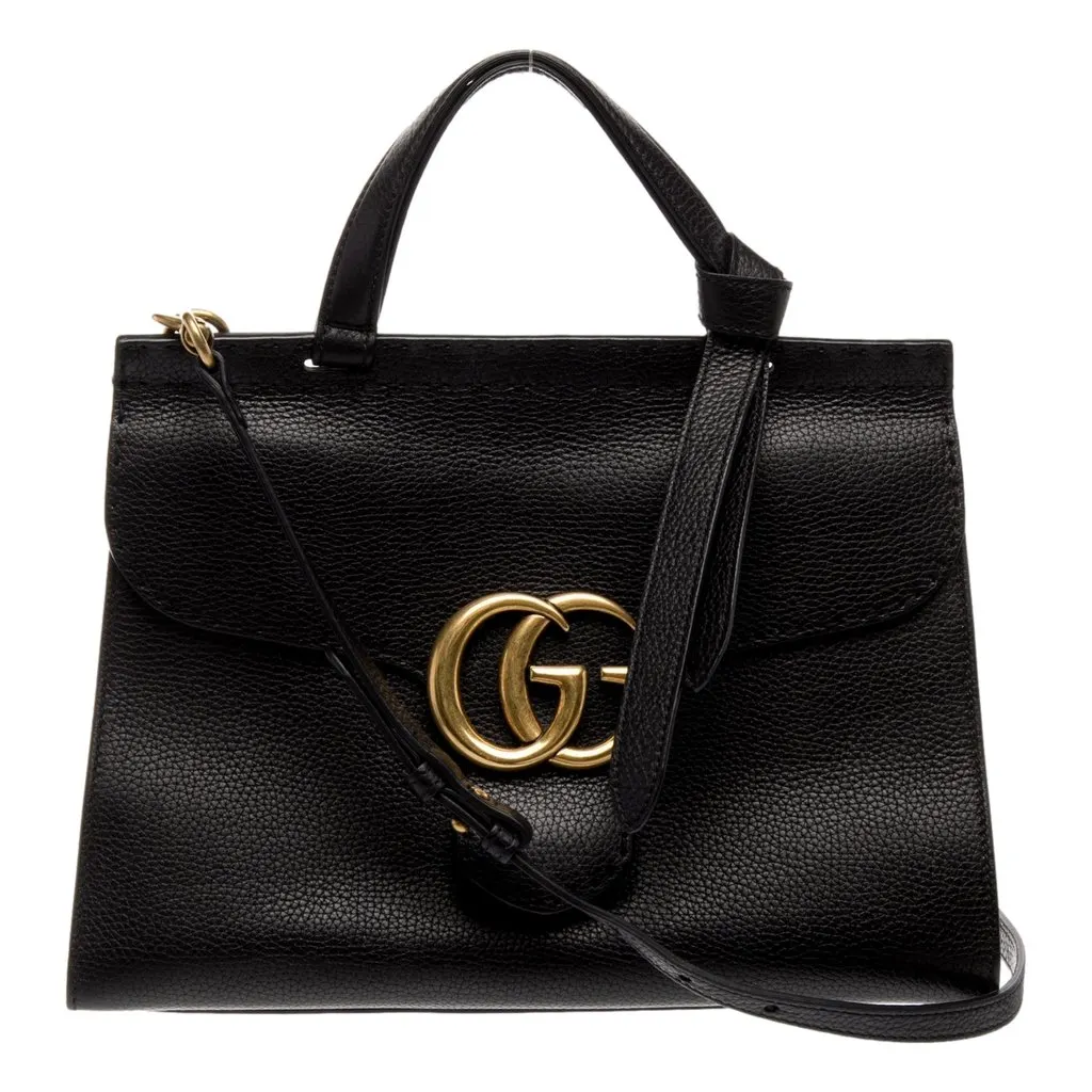 Gucci GG Marmont Black Calfskin Top Handle Satchel Handbag Black Leather Good - Front View