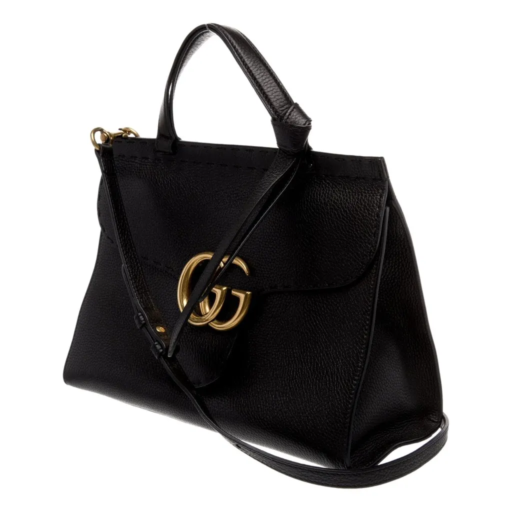 Gucci GG Marmont Black Calfskin Top Handle Satchel Handbag Black Leather Good - Back View