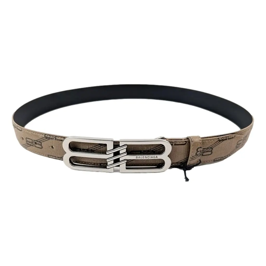 Balenciaga BB Signature Canvas Leather Belt Monogram Beige 75 Brown Leather Good - Front View