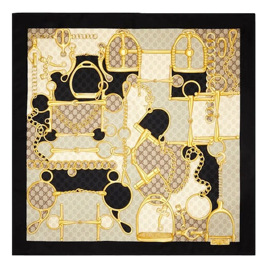 Gucci Printed Silk Twill Carre House Heritage Motif Scarf Black Silk Good - Front View