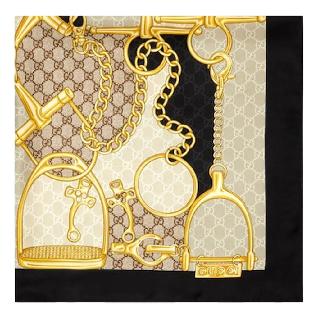 Gucci Printed Silk Twill Carre House Heritage Motif Scarf Black Silk Good - Back View