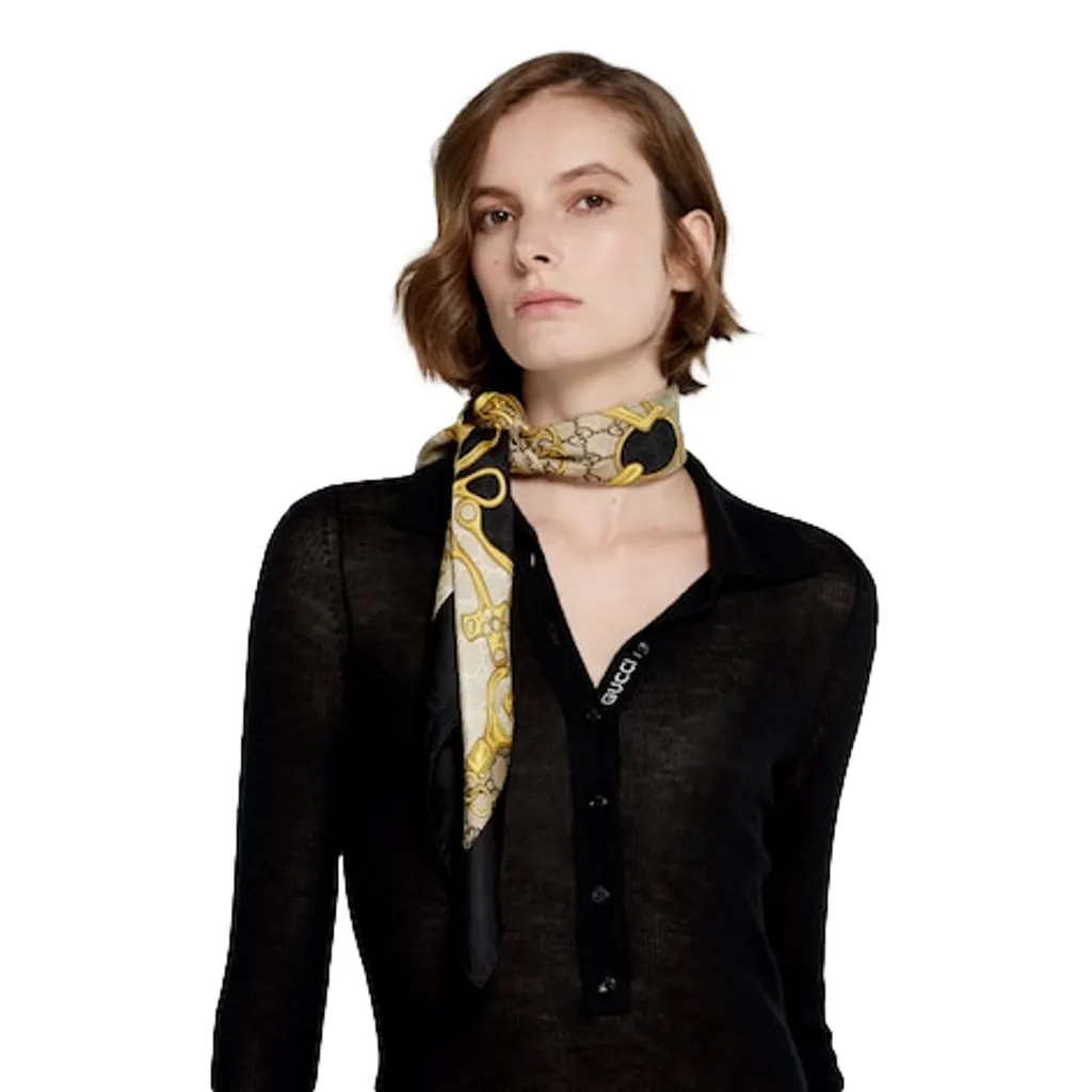 Gucci Printed Silk Twill Carre House Heritage Motif Scarf Black Silk Good - Inside View