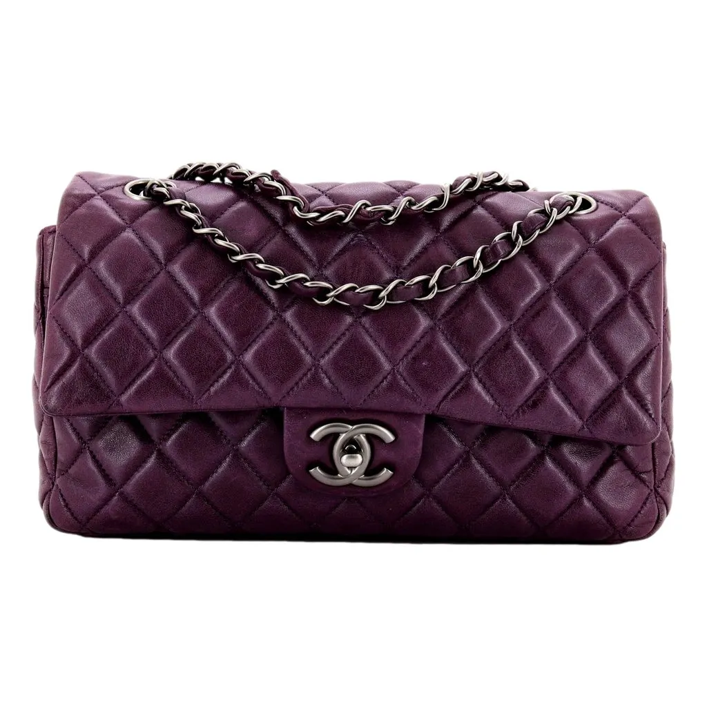 Chanel Chanel Classic Flap Shoulder Bag in Purple Soft Lambskin Leather with Chain Strap Purple Leather Good - Front View