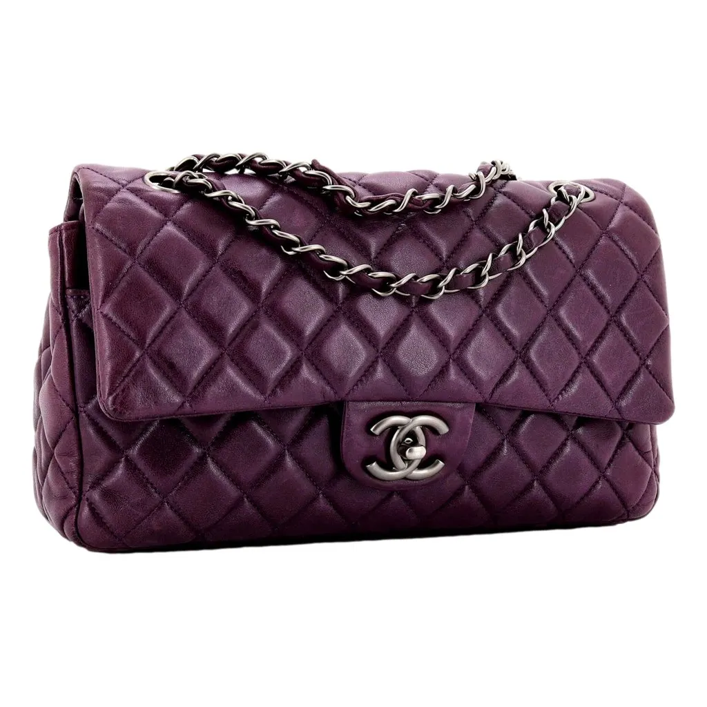 Chanel Chanel Classic Flap Shoulder Bag in Purple Soft Lambskin Leather with Chain Strap Purple Leather Good - Back View