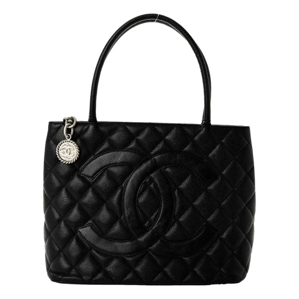 Chanel Medallion Tote in Black Quilted Caviar Leather Black Leather Good - Front View